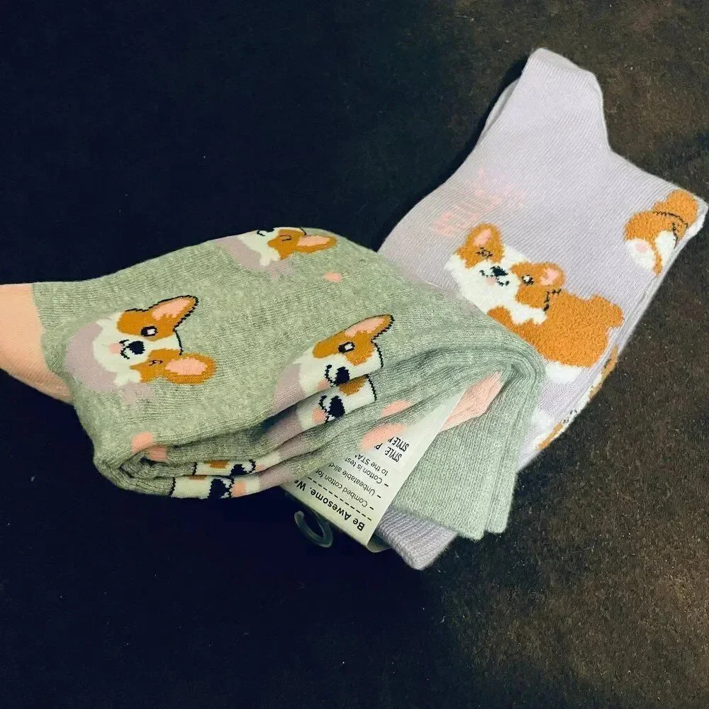 2 Pairs Sock It To Me Socks Corgi Dog Puppy Socks Lavender Grey new with tags